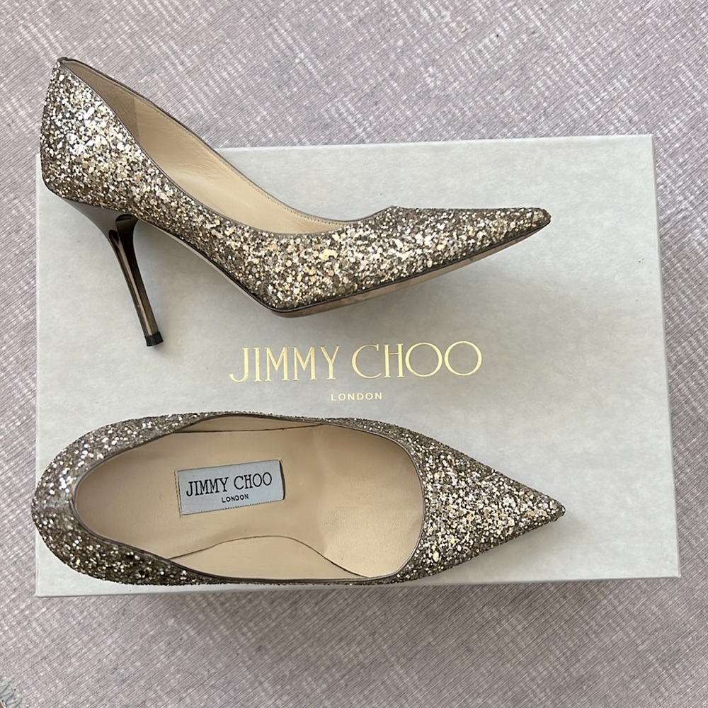 Jimmy Choo Agnes Glitter Pointed Toe Heels Pumps Antique Gold Size 34